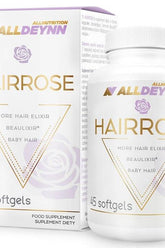 Allnutrition Alldeynn Hairrose supplement bottle featuring 45 softgels for hair health and growth support.
